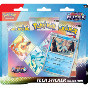 Blister Pokémon Prismatic Evolutions Tech Sticker Collection dedicato a Glaceon, con carta olografica speciale e sticker esclusivi delle evoluzioni di Eevee.