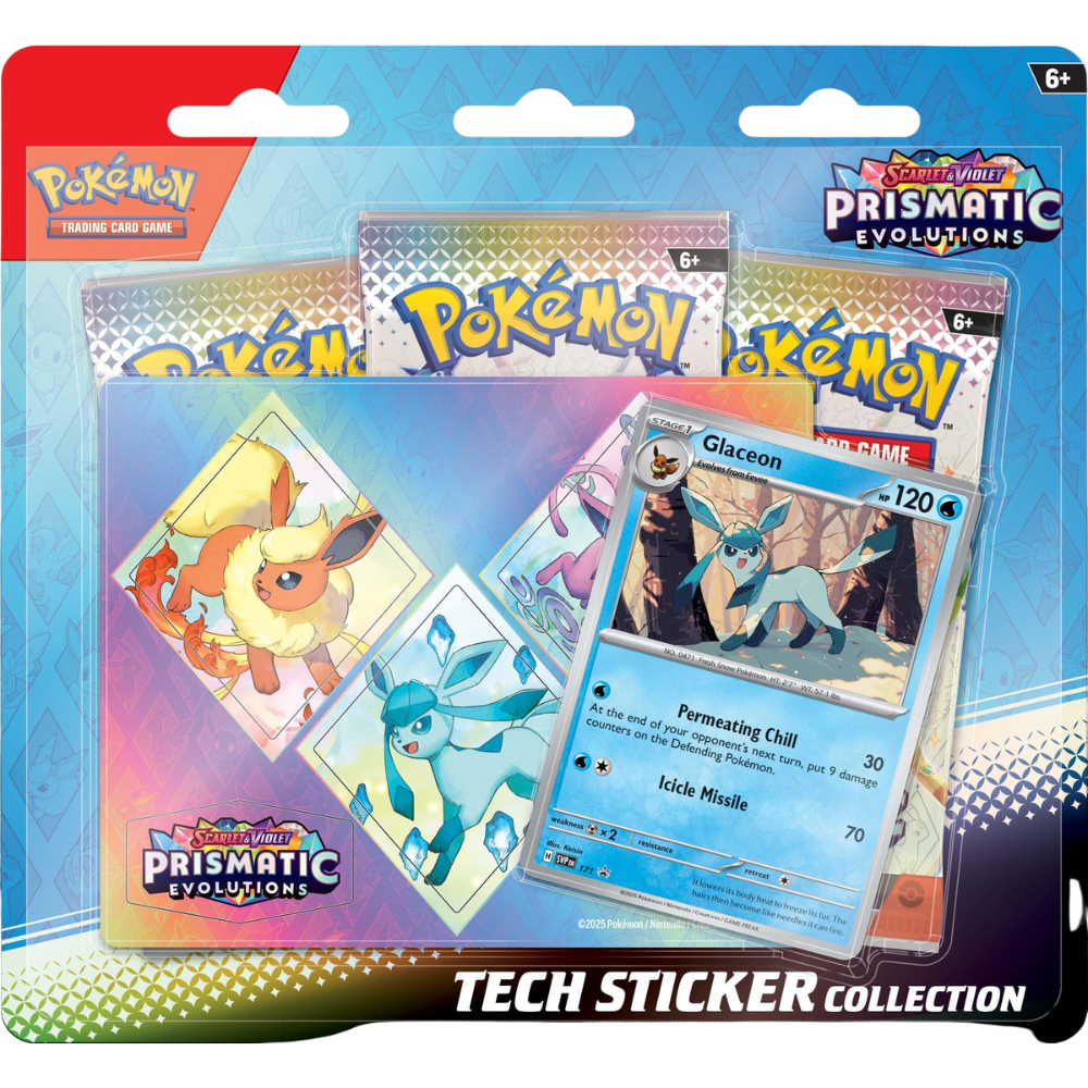 Blister Pokémon Prismatic Evolutions Tech Sticker Collection dedicato a Glaceon, con carta olografica speciale e sticker esclusivi delle evoluzioni di Eevee.
